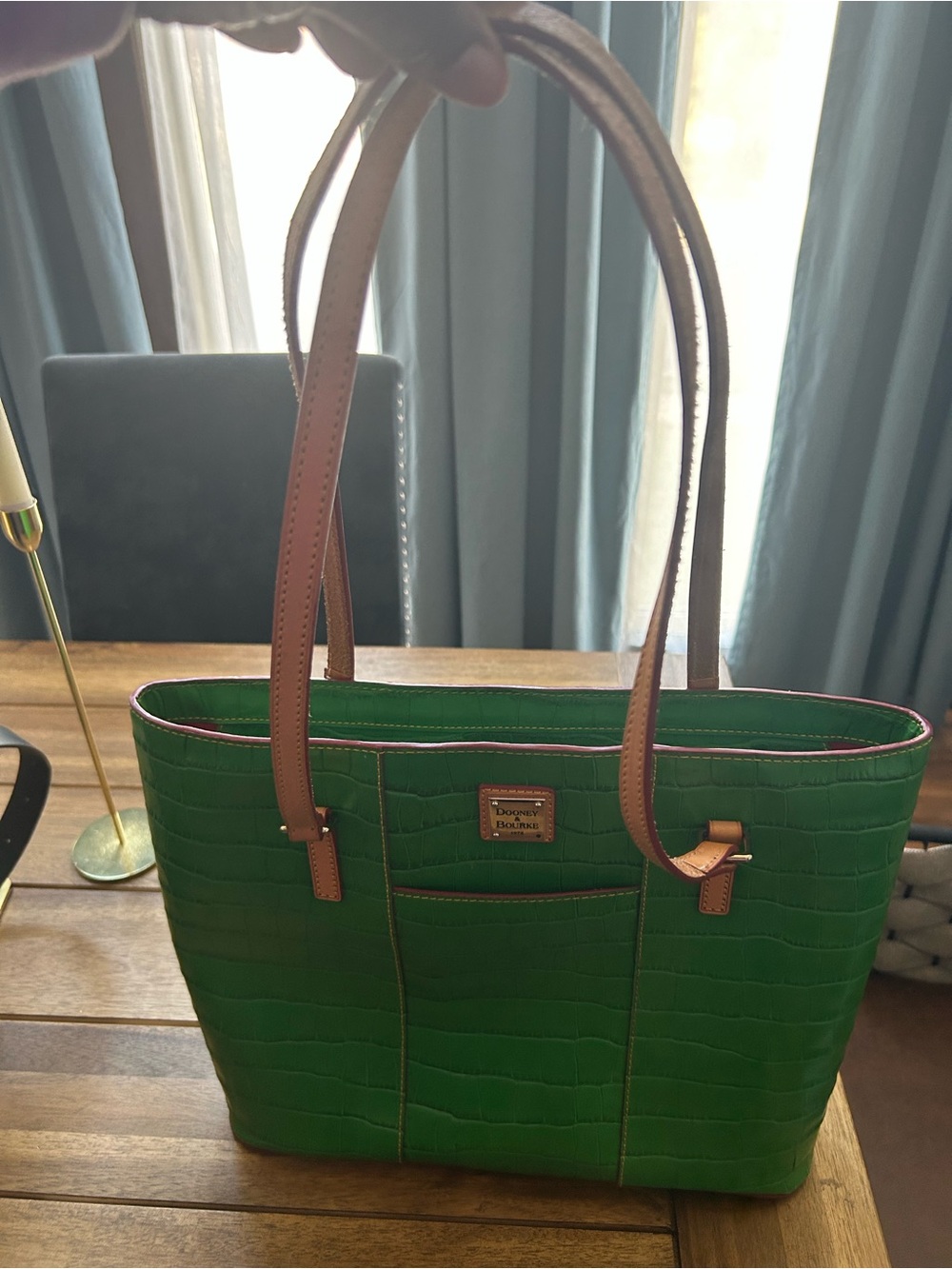 Dooney & Bourke Green Croc-Embossed Tote with Tan Handles